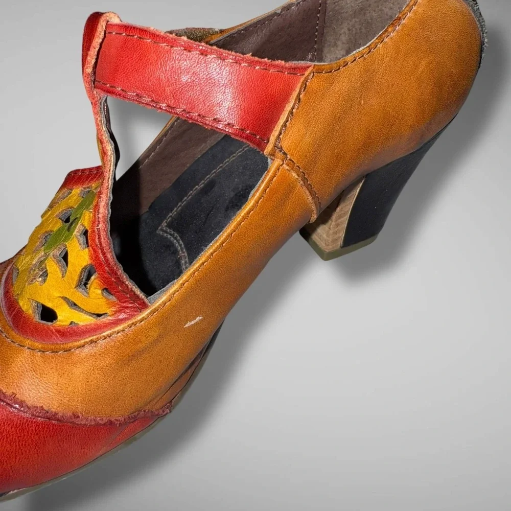 Spring Step L'Artiste Shoes Womens Size 37 Heels Leather Floral Cutout Multi